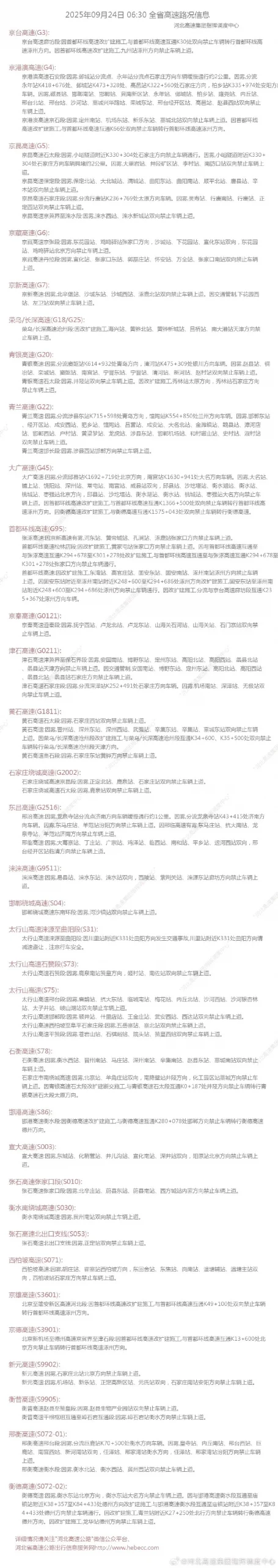 因雾，河北多条高速站口关闭｜9月24日出行信息早知道-GOGO社区