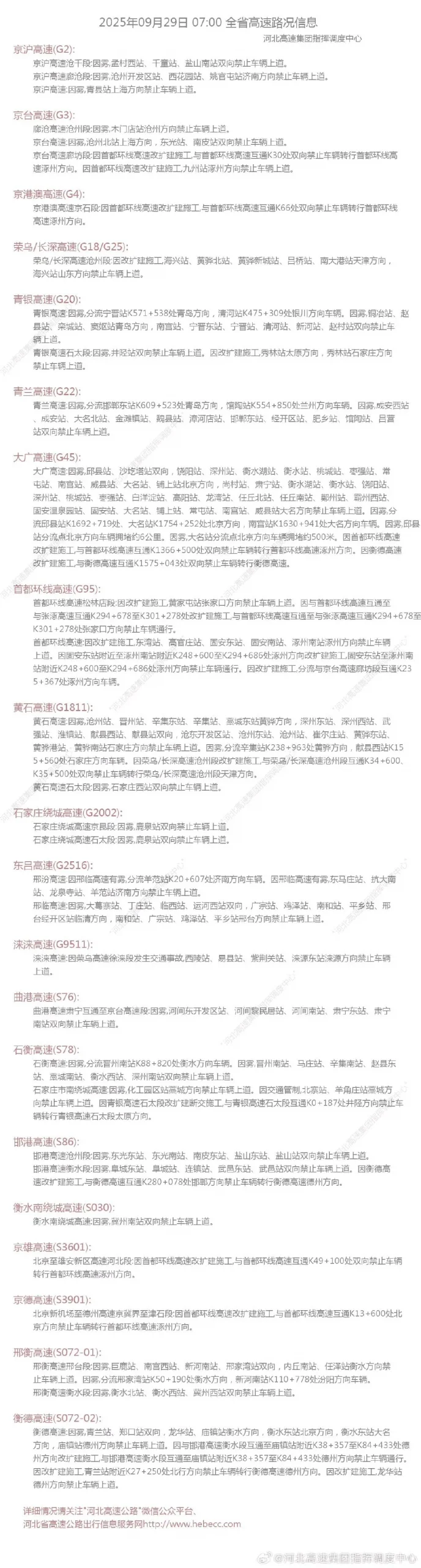 因雾，河北多条高速站口关闭｜9月29日出行信息早知道-GOGO社区
